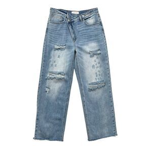 Risen Jeans Women's Cross‎ Over Distressed High Waist Straight Leg Jeans